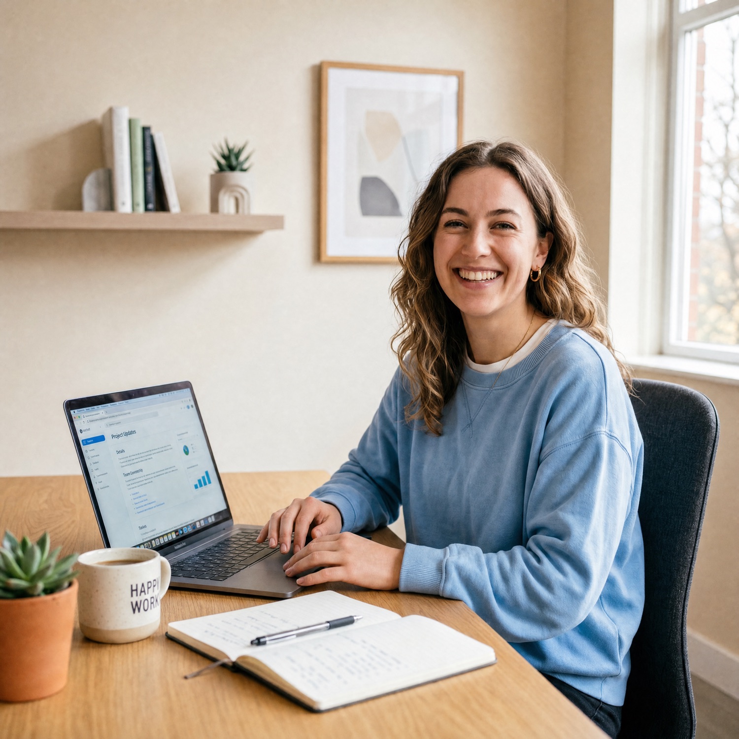 A CELPIP test-taker smiling while practicing at her laptop in a home office